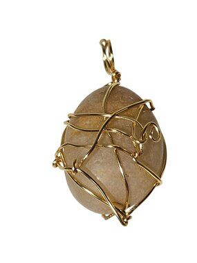 Handmade Pendant Gold Tone Wire Wrapped Beige Stone Necklace Jewelry Accessory